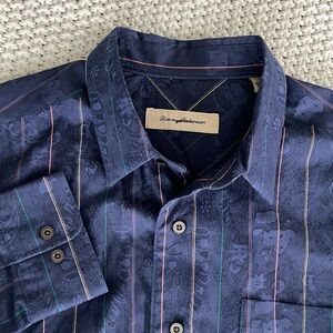 Tommy Bahama Silk Blend Men's Blue Striped Shirt Floral Long Sleeve Large